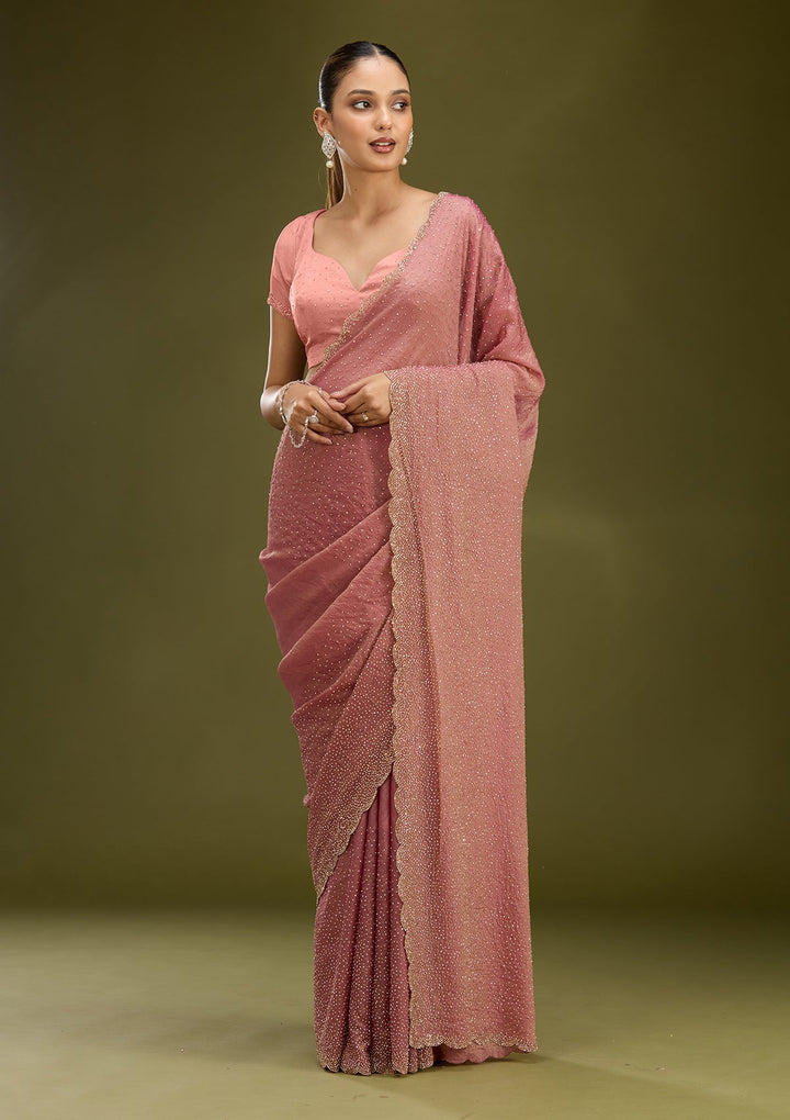 Onion Pink Stonework (Gold) Tissue Saree