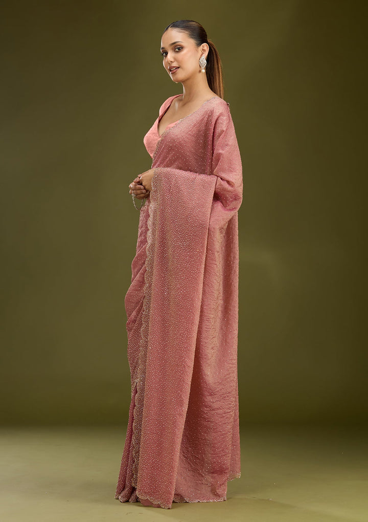 Onion Pink Stonework (Gold) Tissue Saree