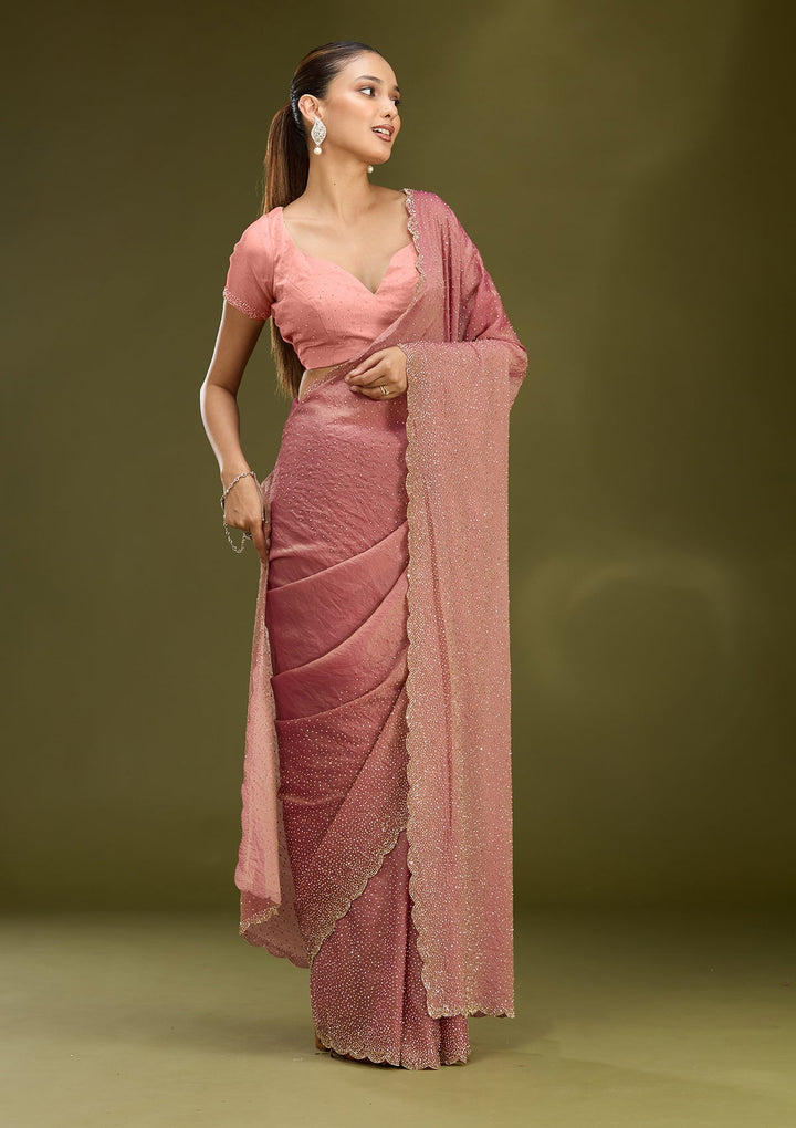 Onion Pink Stonework (Gold) Tissue Saree