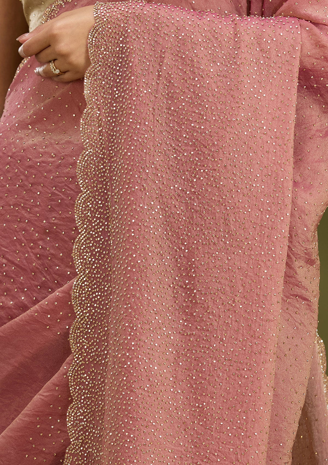 Onion Pink Stonework (Gold) Tissue Saree