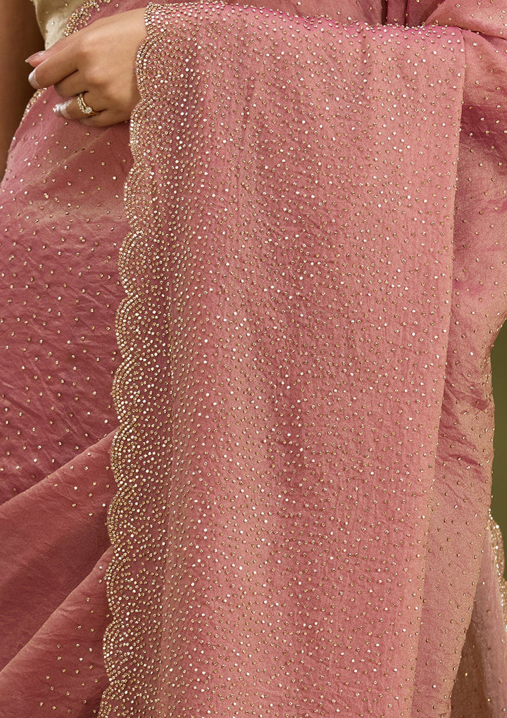Onion Pink Stonework (Gold) Tissue Saree