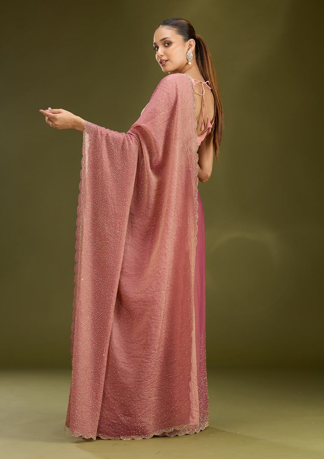 Onion Pink Stonework (Gold) Tissue Saree