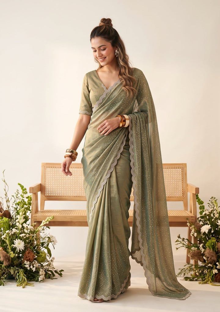 Sea Green Tissue Gold Stonework Saree With Matching Blouse Piece