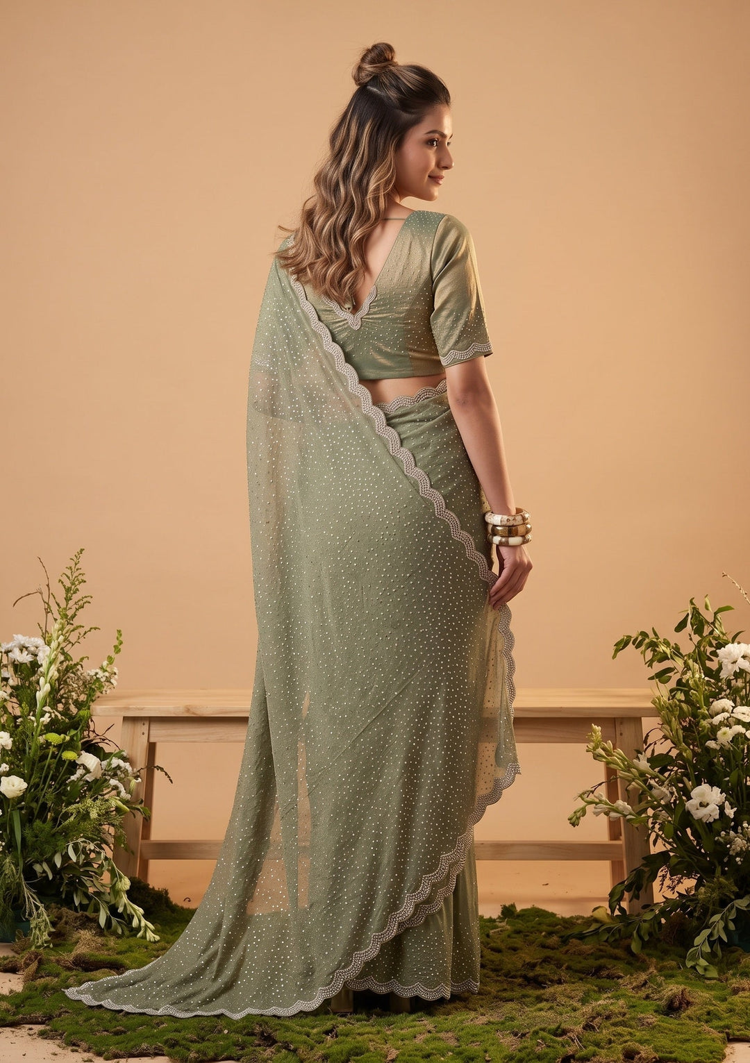 Sea Green Tissue Gold Stonework Saree With Matching Blouse Piece