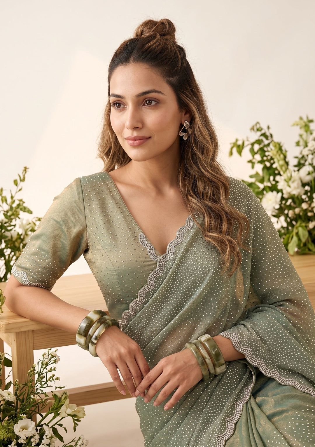Sea Green Tissue Gold Stonework Saree With Matching Blouse Piece