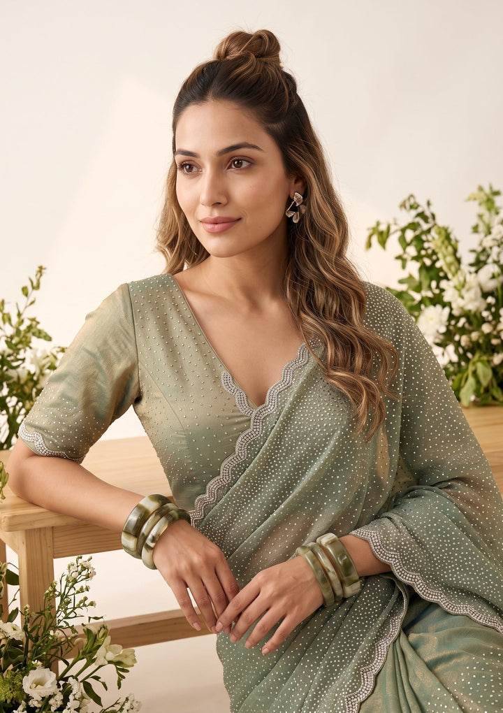 Sea Green Tissue Gold Stonework Saree With Matching Blouse Piece