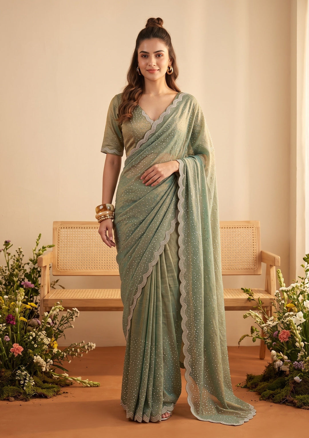 Sea Green Tissue Gold Stonework Saree With Matching Blouse Piece