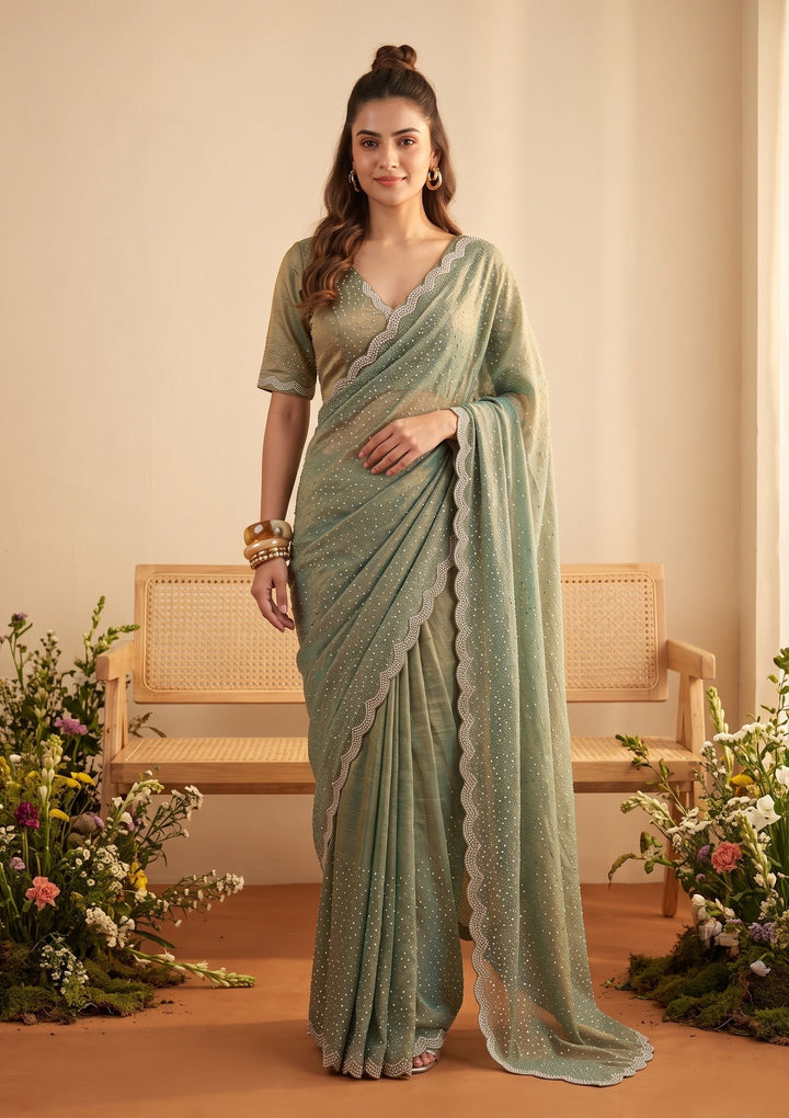 Sea Green Tissue Gold Stonework Saree With Matching Blouse Piece