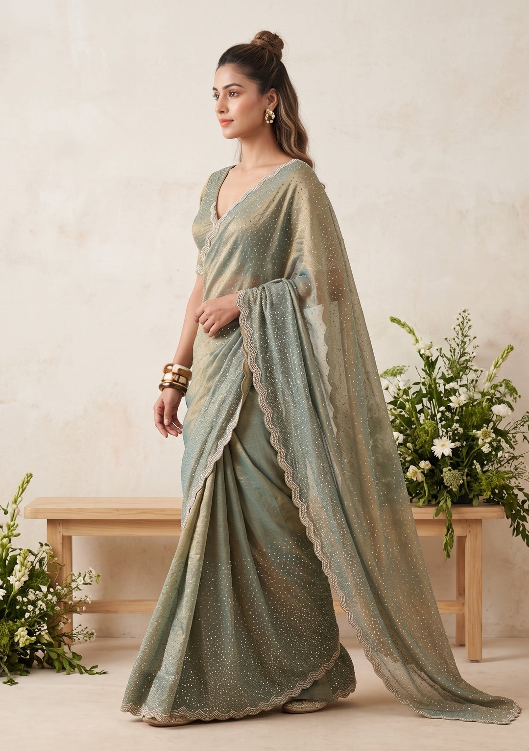 Sea Green Tissue Gold Stonework Saree With Matching Blouse Piece