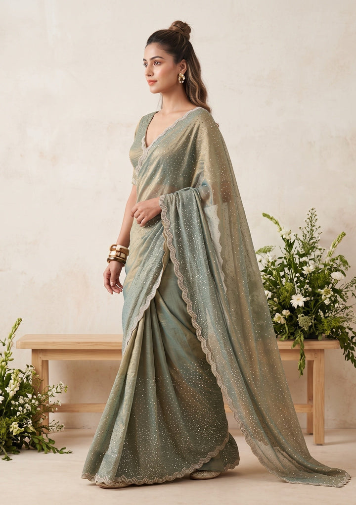 Sea Green Tissue Gold Stonework Saree With Matching Blouse Piece