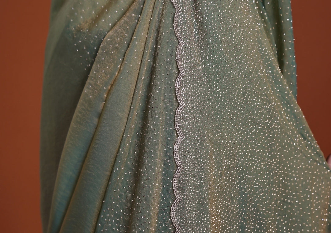 Sea Green Tissue Gold Stonework Saree With Matching Blouse Piece