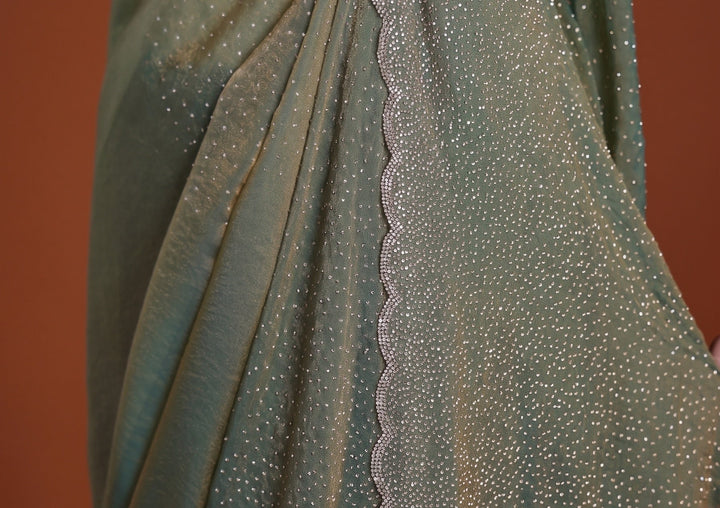 Sea Green Tissue Gold Stonework Saree With Matching Blouse Piece