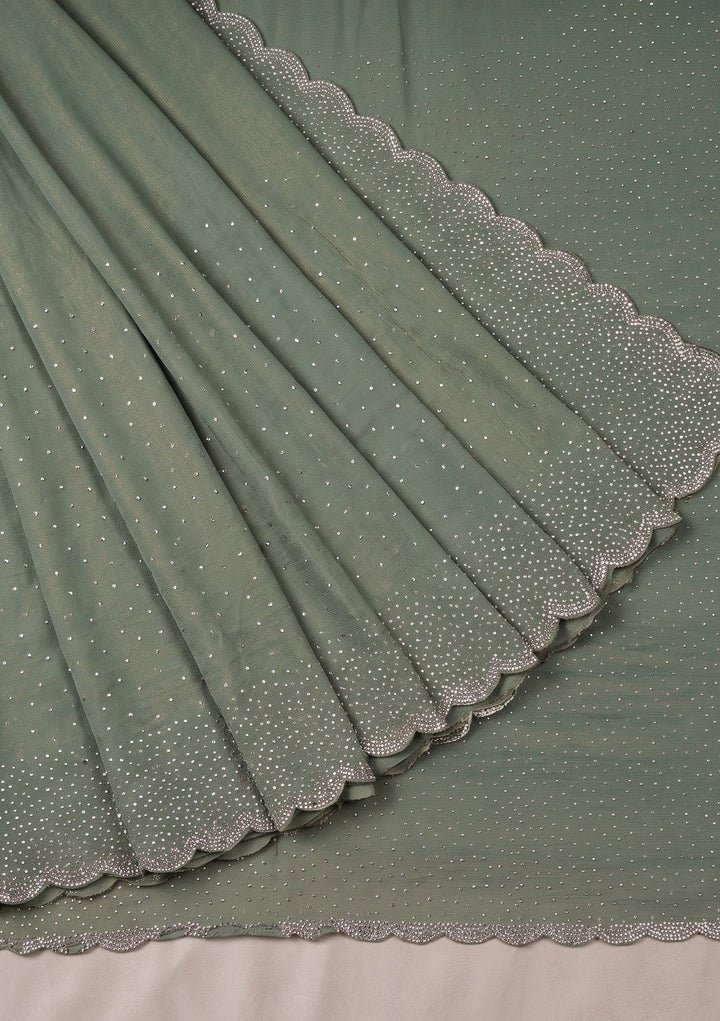 Sea Green Tissue Gold Stonework Saree With Matching Blouse Piece