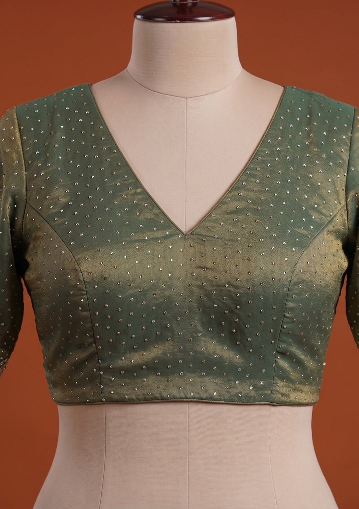 Sea Green Tissue Gold Stonework Saree With Matching Blouse Piece