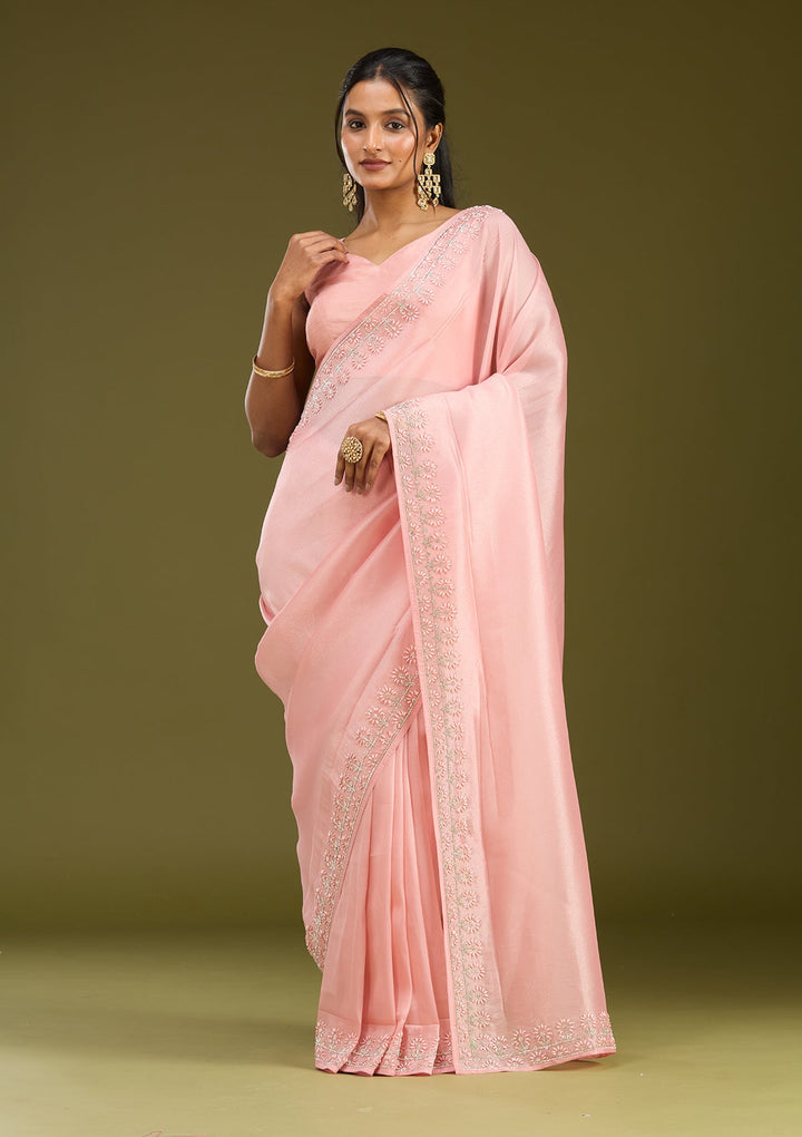 Baby Pink Pearlwork Tissue Saree