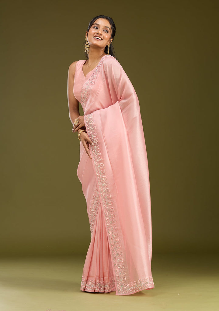 Baby Pink Pearlwork Tissue Saree