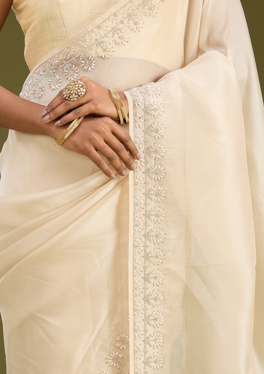 Beige Pearlwork Tissue Saree