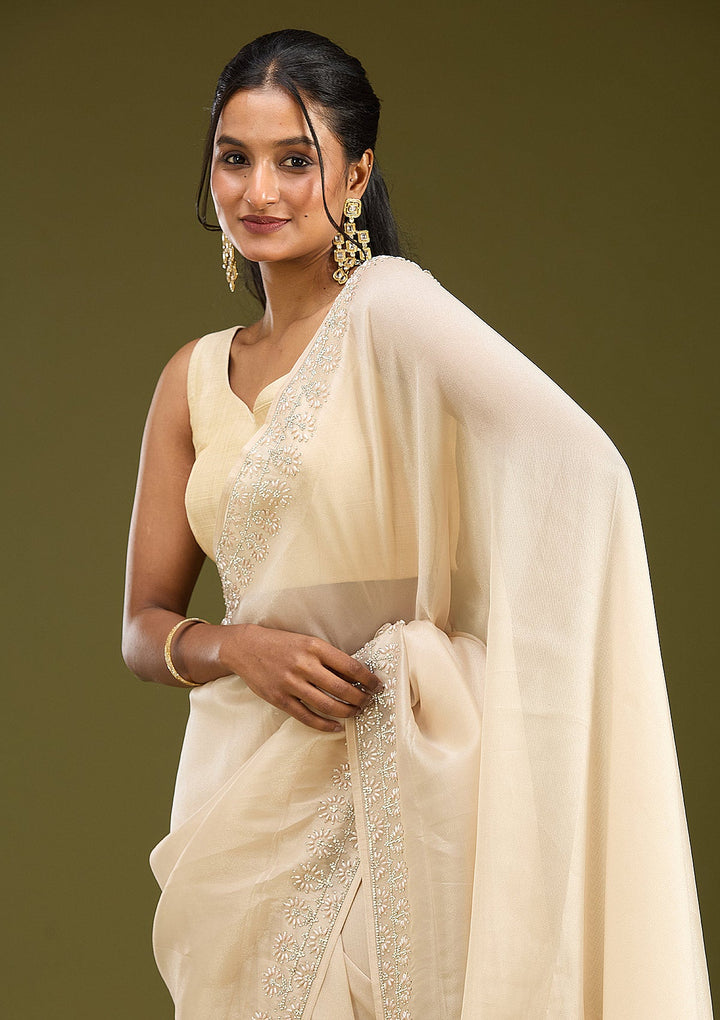 Beige Pearlwork Tissue Saree