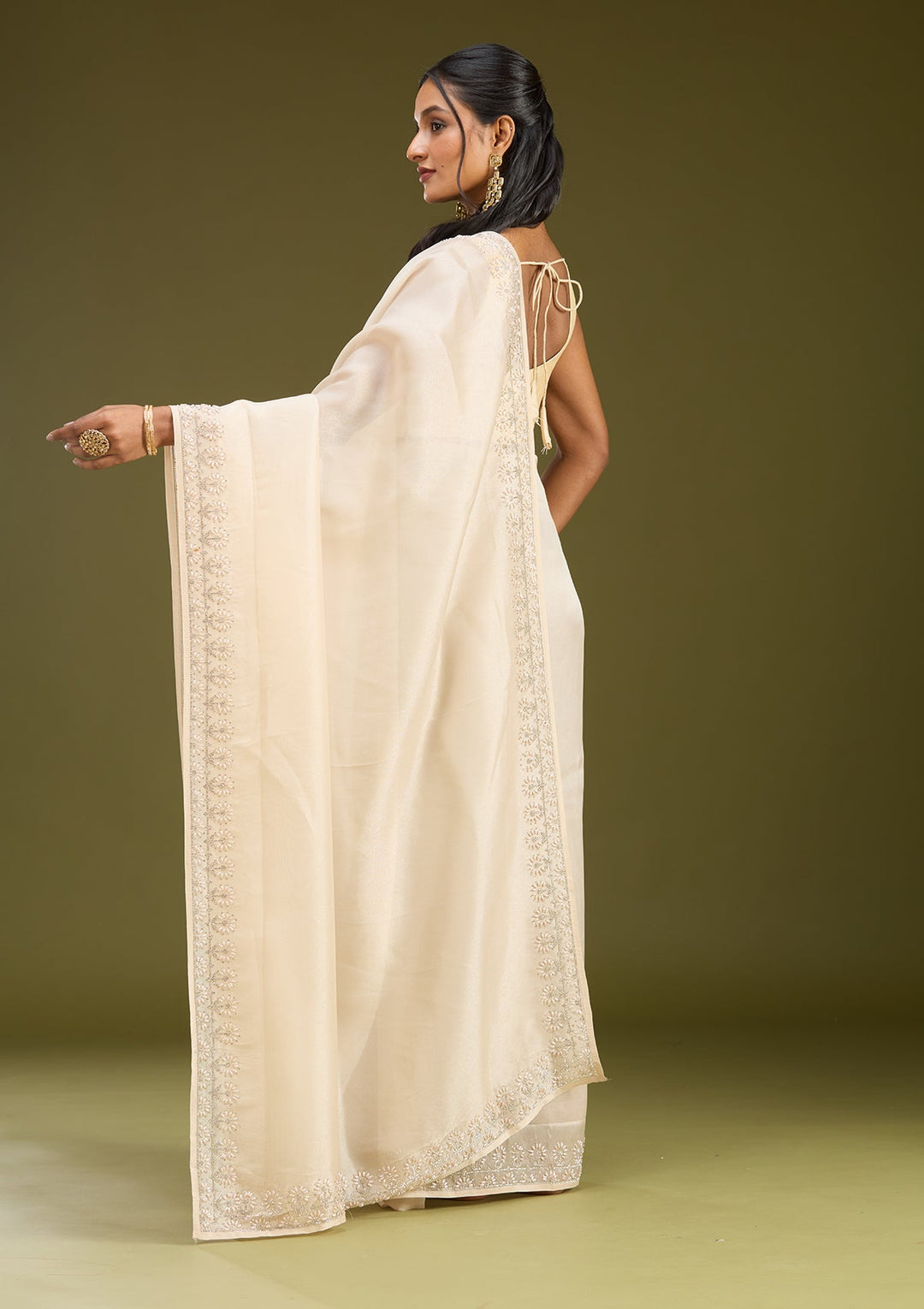 Beige Pearlwork Tissue Saree