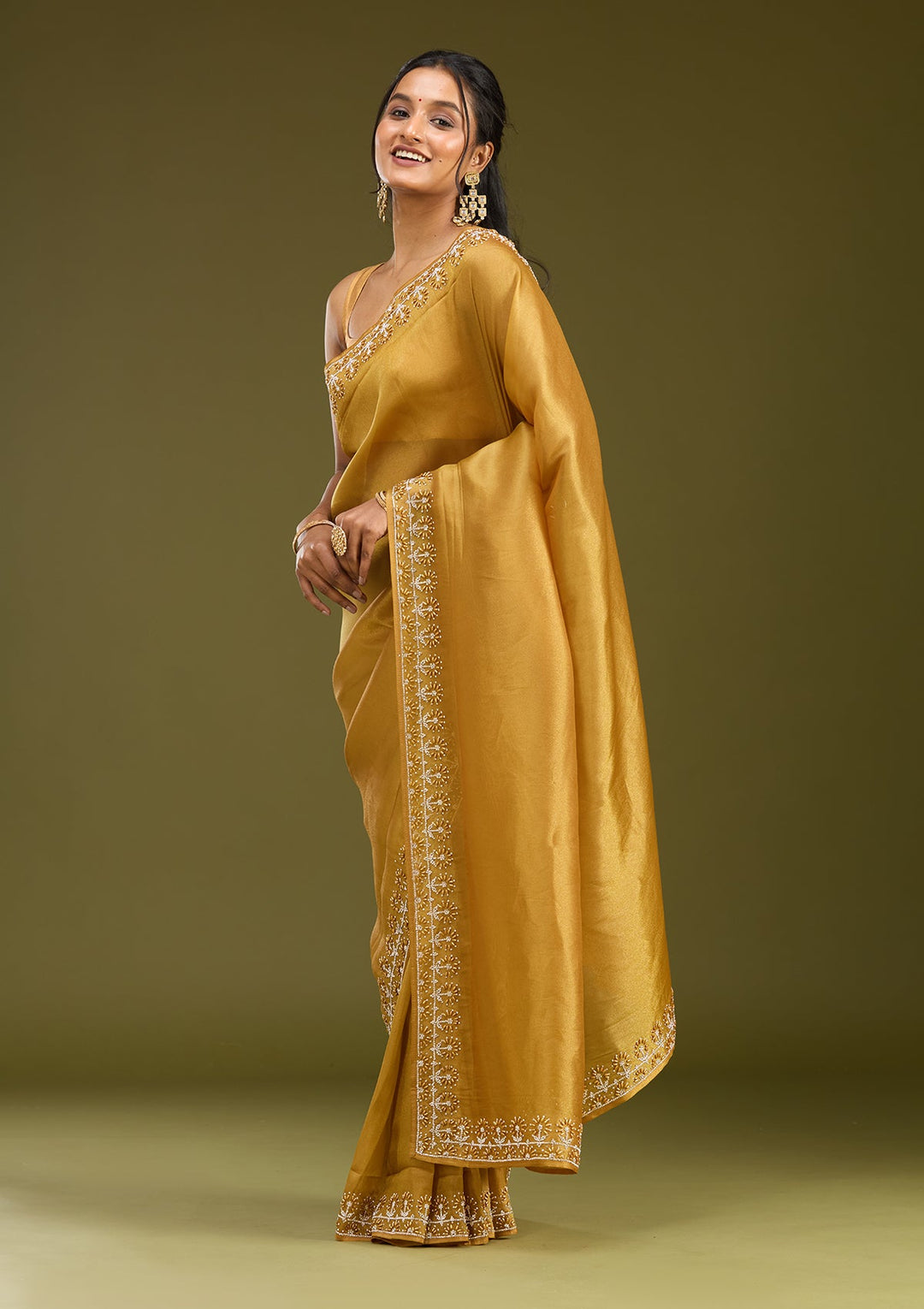 Mustard Pearlwork Tissue Saree