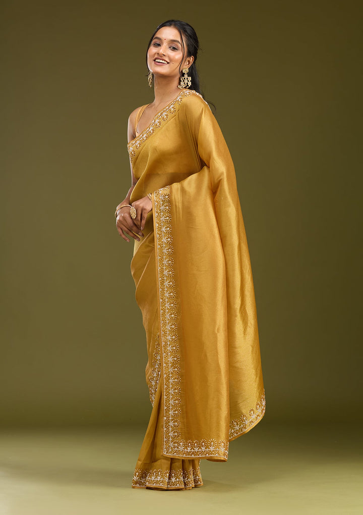 Mustard Pearlwork Tissue Saree