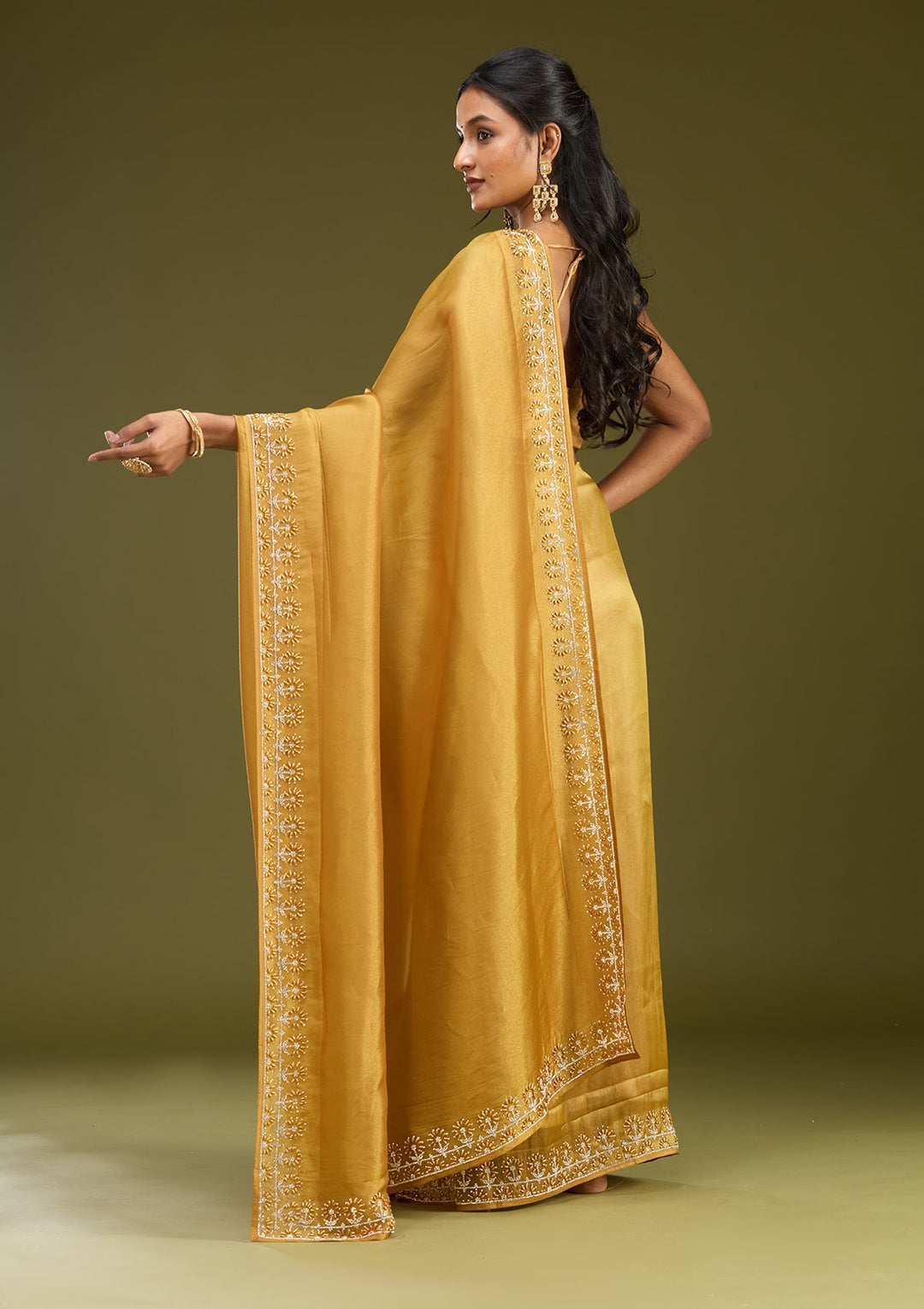 Mustard Pearlwork Tissue Saree