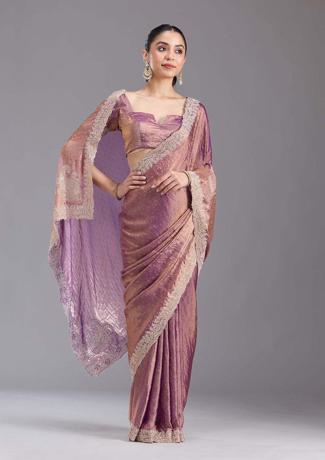 Dark Lavender Stonework (Gold) Tissue Saree-koskii