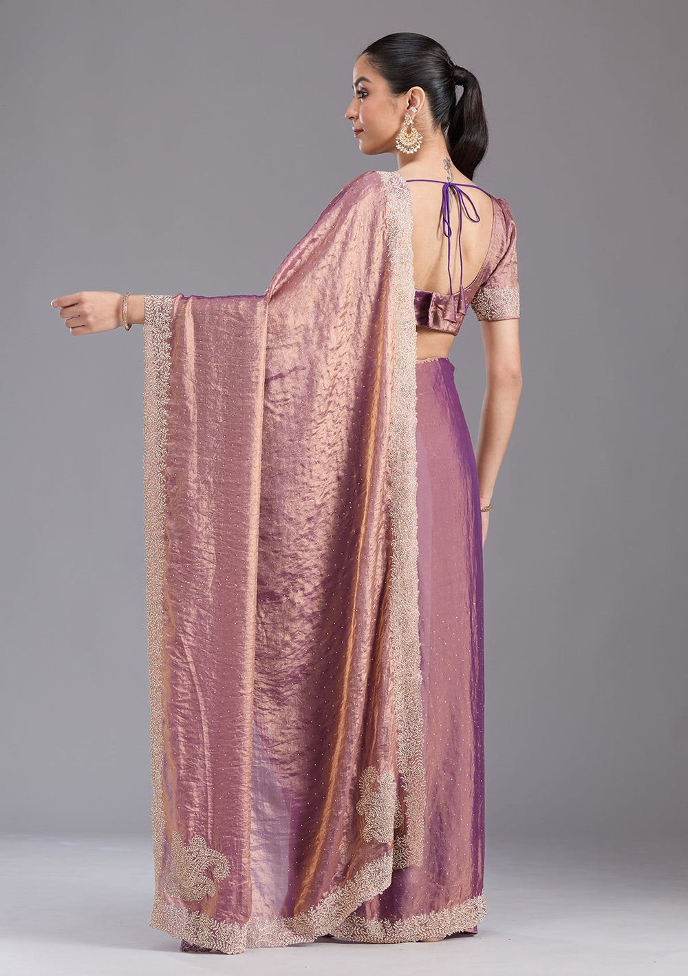 Dark Lavender Stonework (Gold) Tissue Saree-koskii