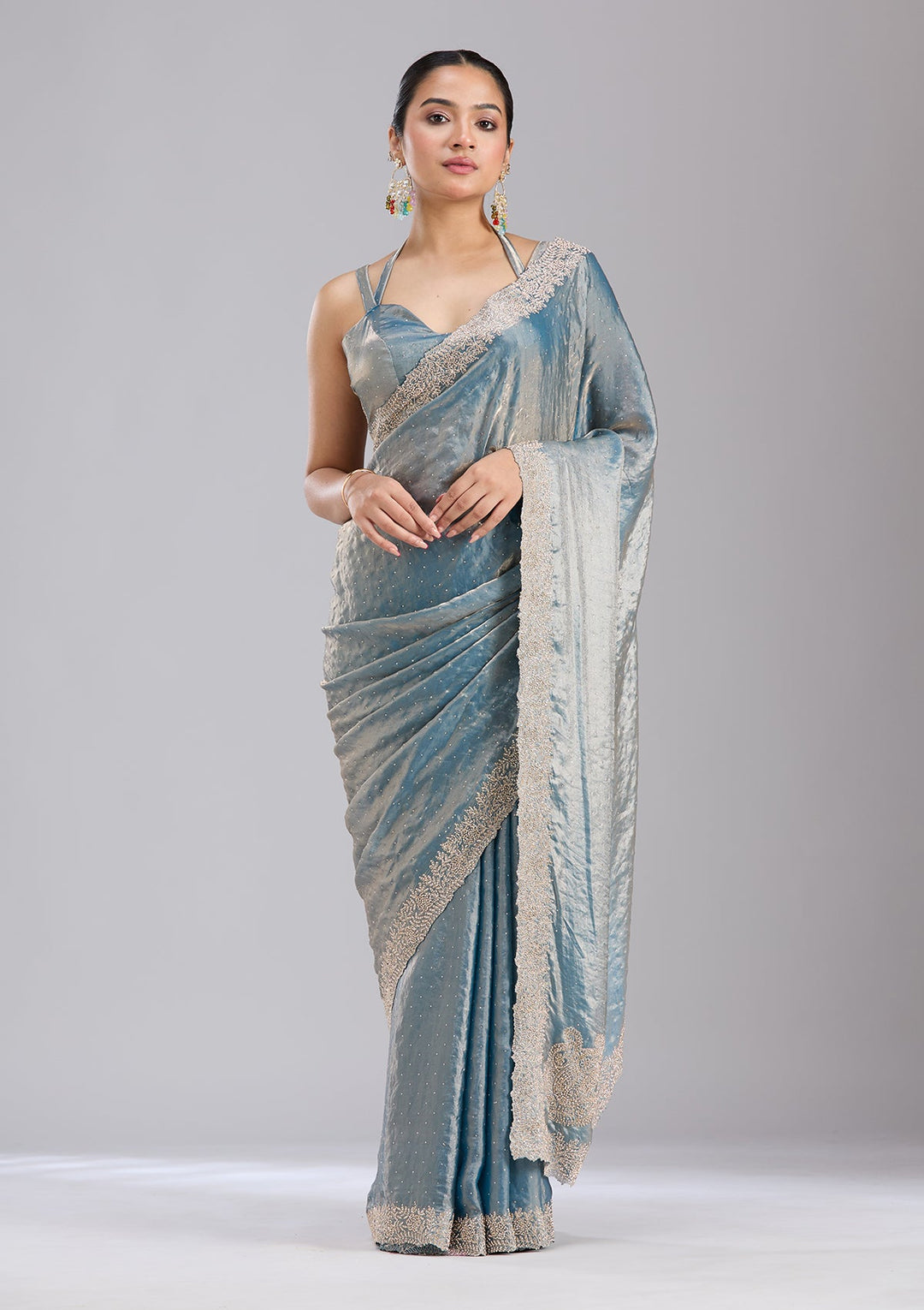 Grey Stonework (Gold) Tissue Saree-koskii