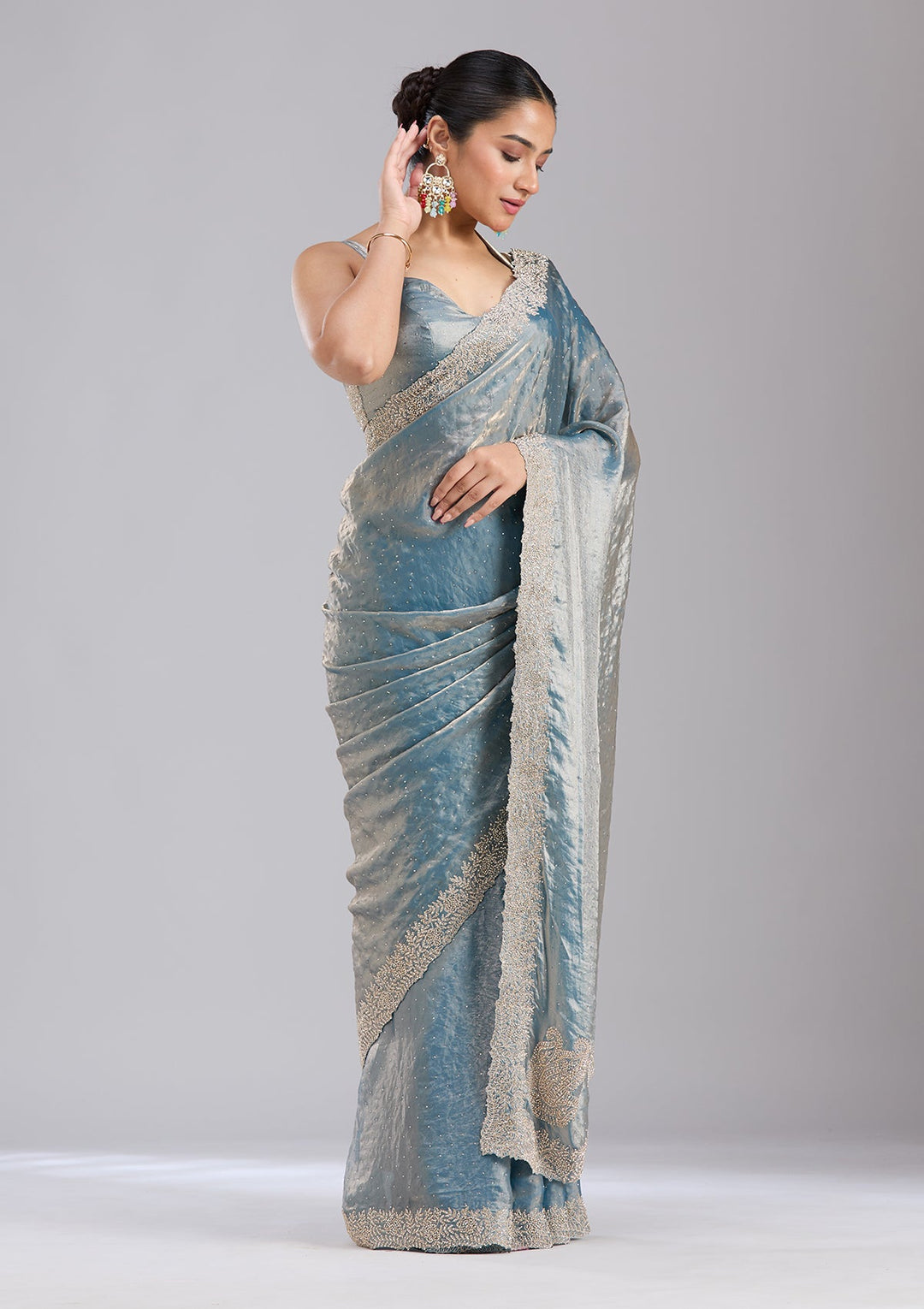 Grey Stonework (Gold) Tissue Saree-koskii
