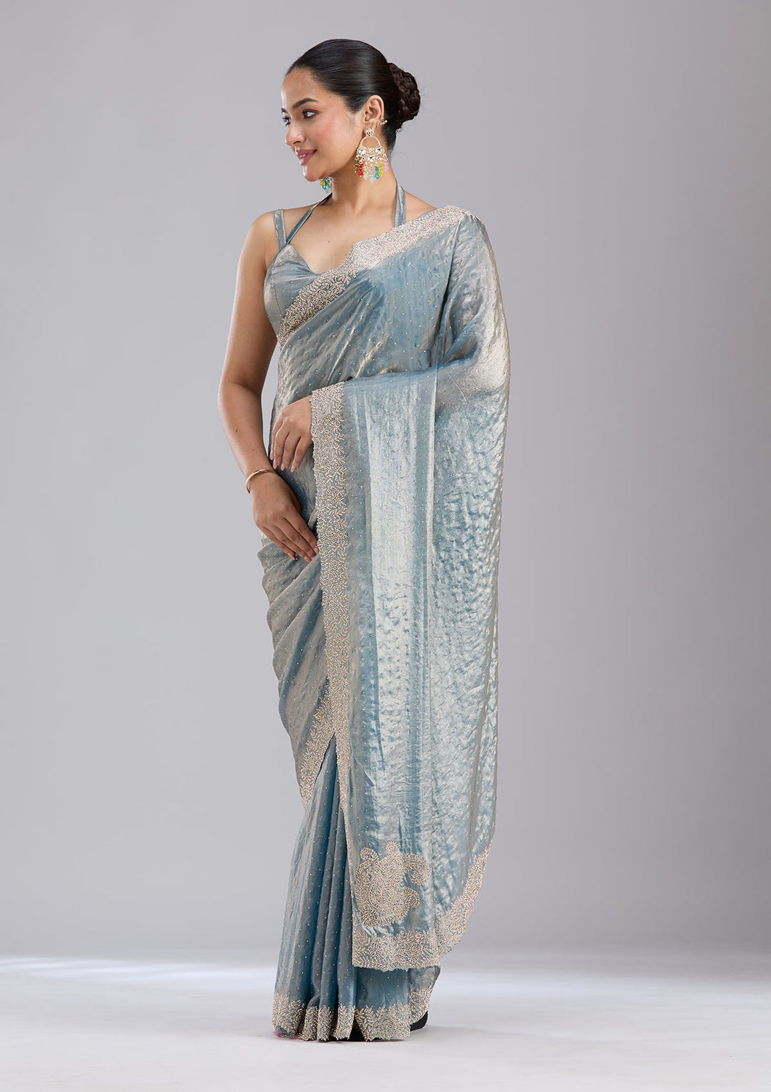 Grey Stonework (Gold) Tissue Saree-koskii