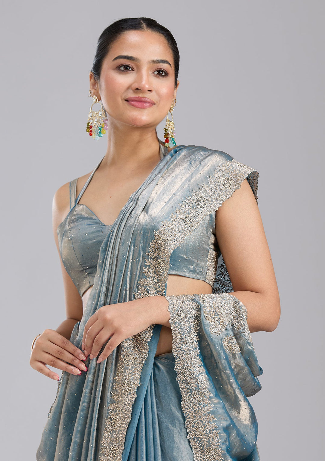Grey Stonework (Gold) Tissue Saree-koskii
