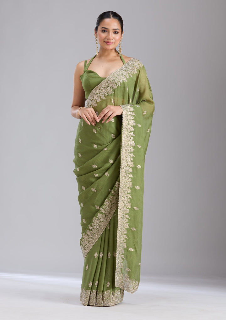 Mehandi Green Threadwork Tissue Saree-koskii
