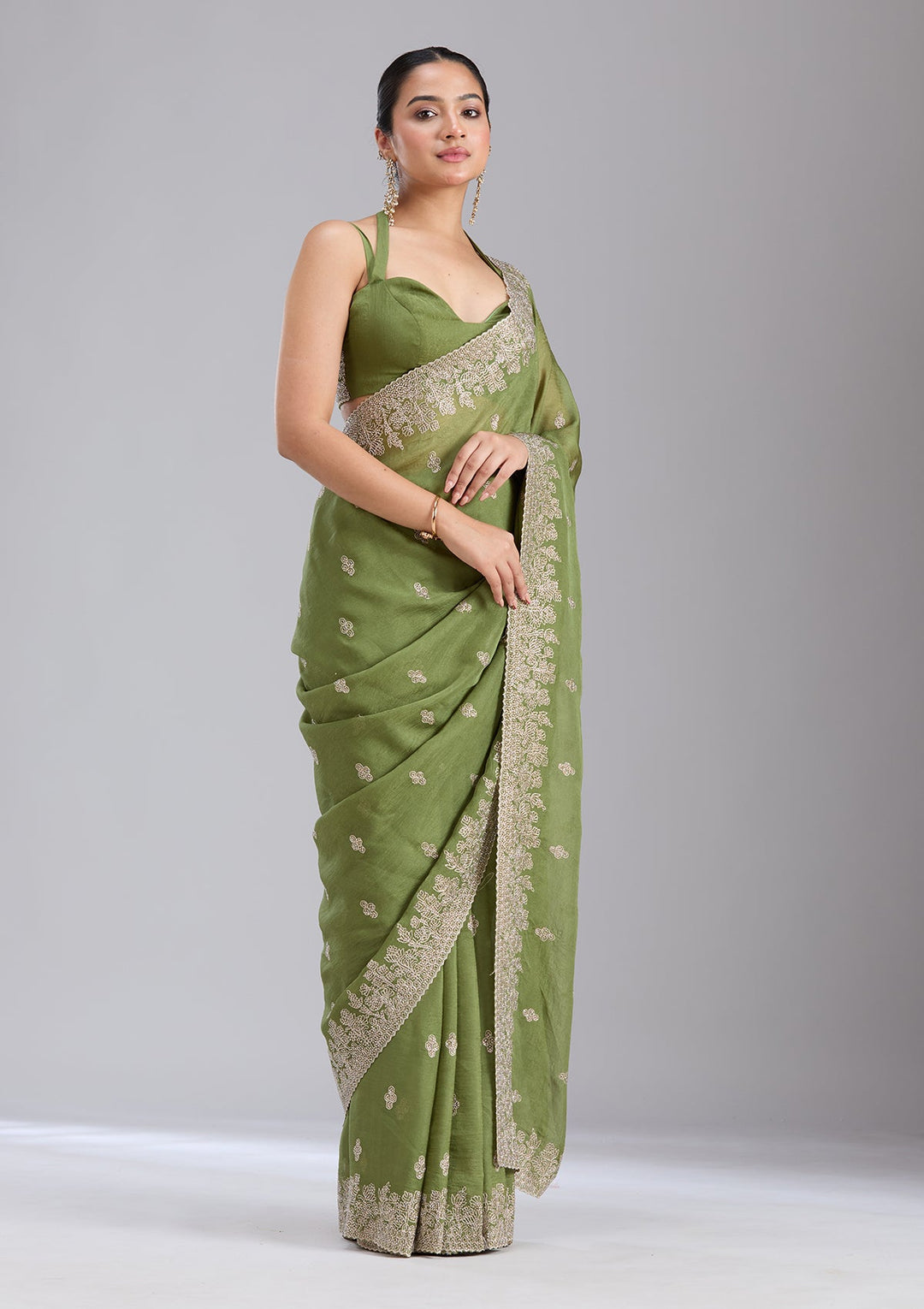 Mehandi Green Threadwork Tissue Saree-koskii