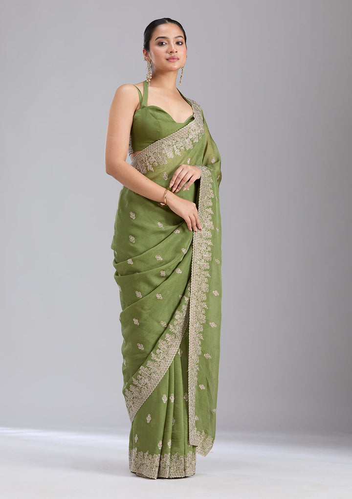 Mehandi Green Threadwork Tissue Saree-koskii