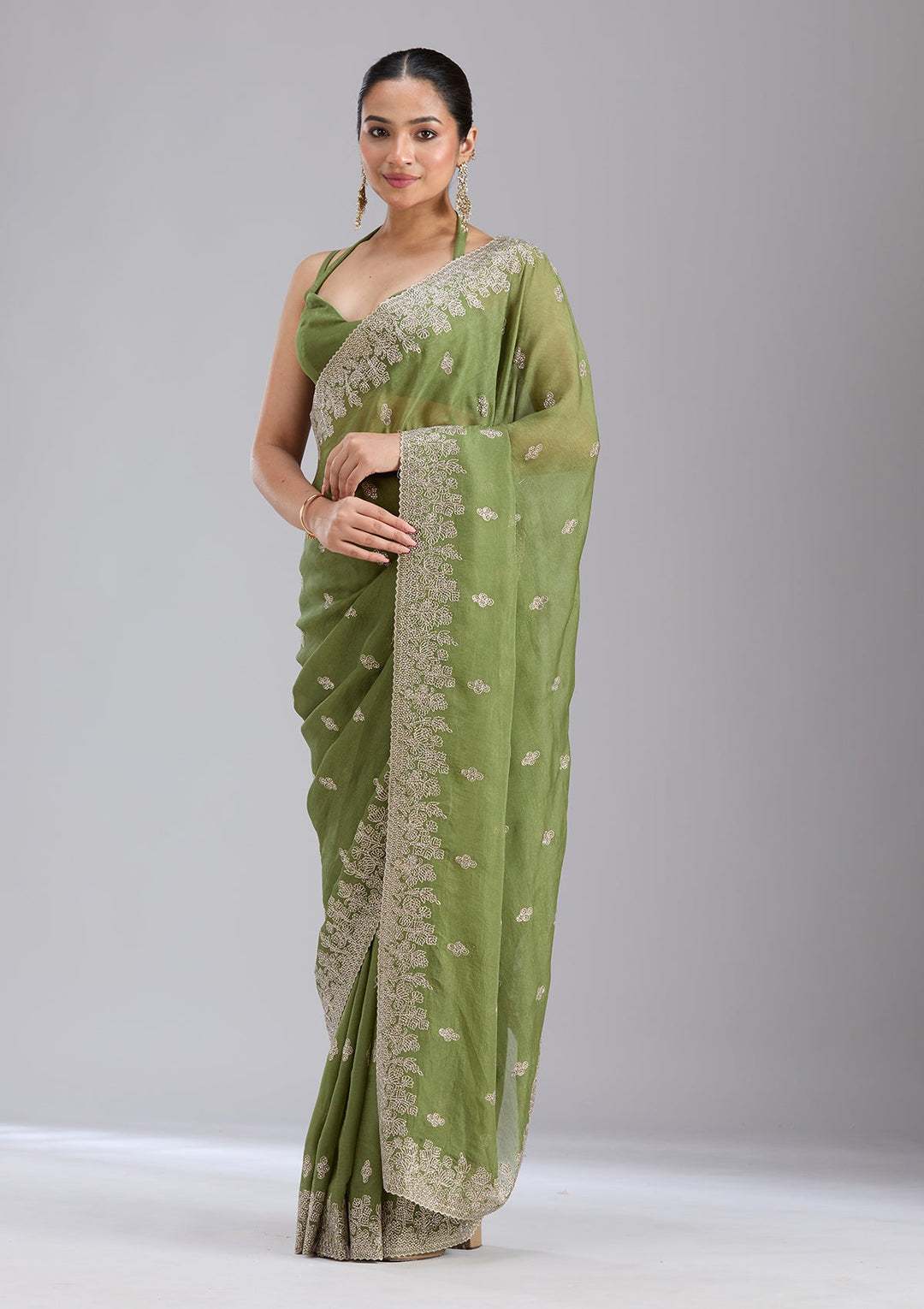 Mehandi Green Threadwork Tissue Saree-koskii