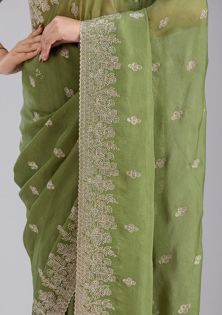 Mehandi Green Threadwork Tissue Saree-koskii