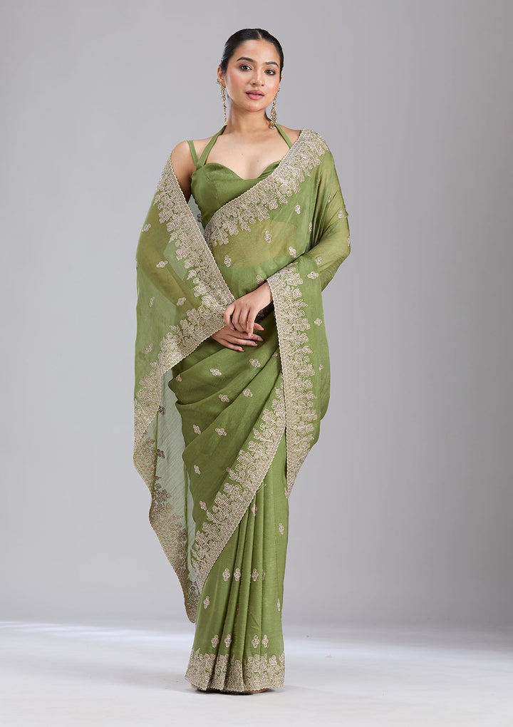 Mehandi Green Threadwork Tissue Saree-koskii