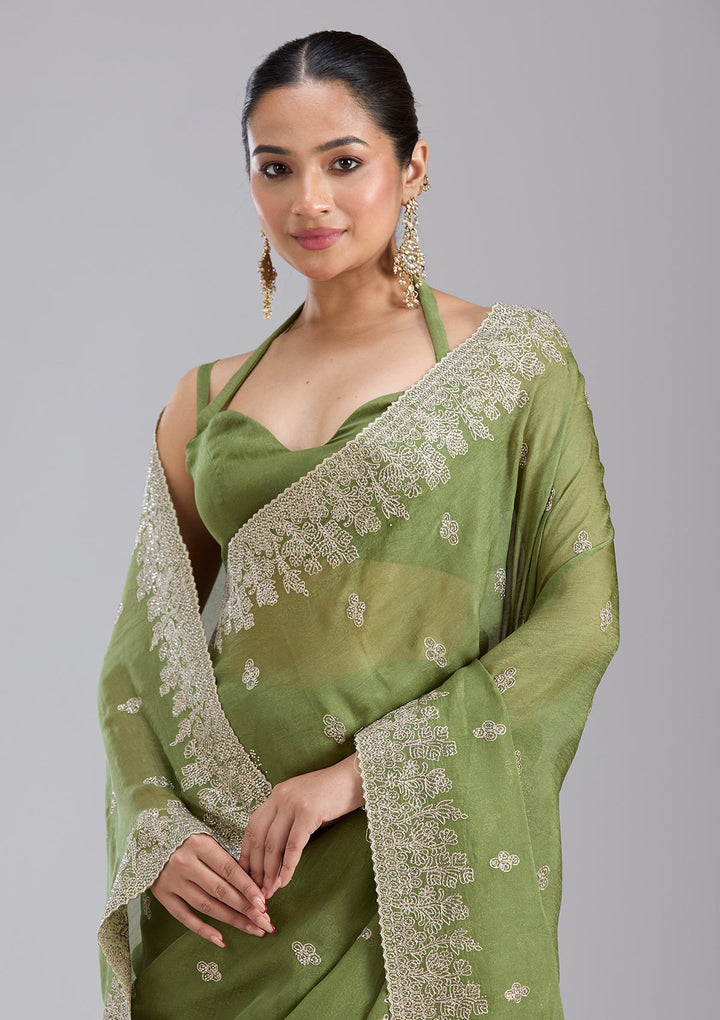 Mehandi Green Threadwork Tissue Saree-koskii