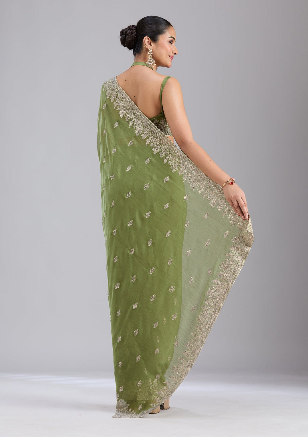 Mehandi Green Threadwork Tissue Saree-koskii