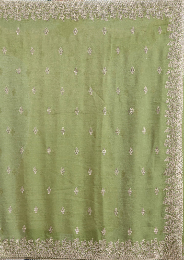 Mehandi Green Threadwork Tissue Saree-koskii