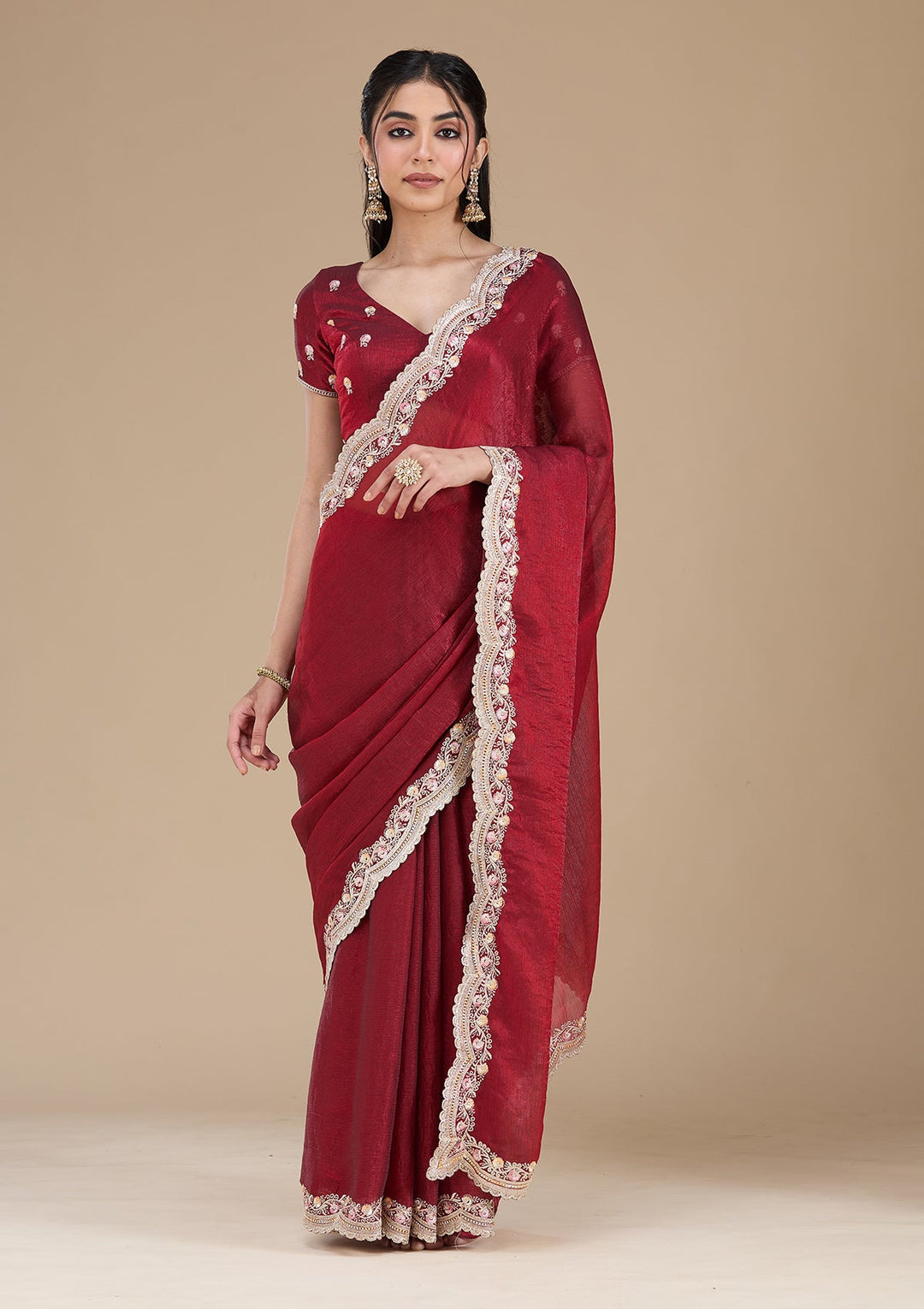 Maroon Zariwork (Gold) Tissue Saree_koskii