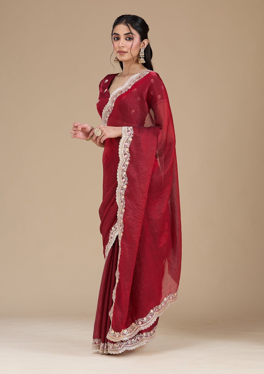 Maroon Zariwork (Gold) Tissue Saree_koskii