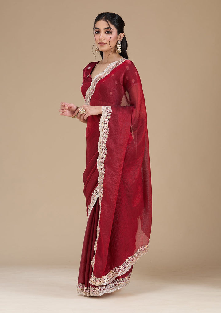 Maroon Zariwork (Gold) Tissue Saree_koskii