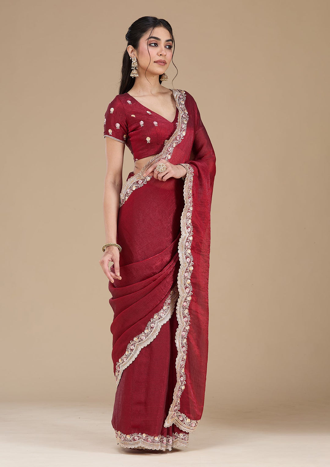 Maroon Zariwork (Gold) Tissue Saree_koskii