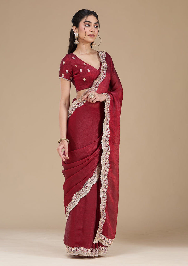 Maroon Zariwork (Gold) Tissue Saree_koskii