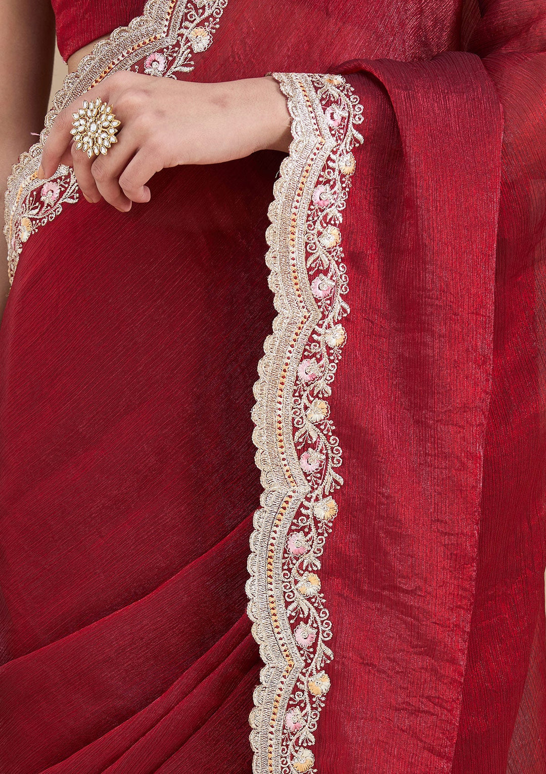 Maroon Zariwork (Gold) Tissue Saree_koskii