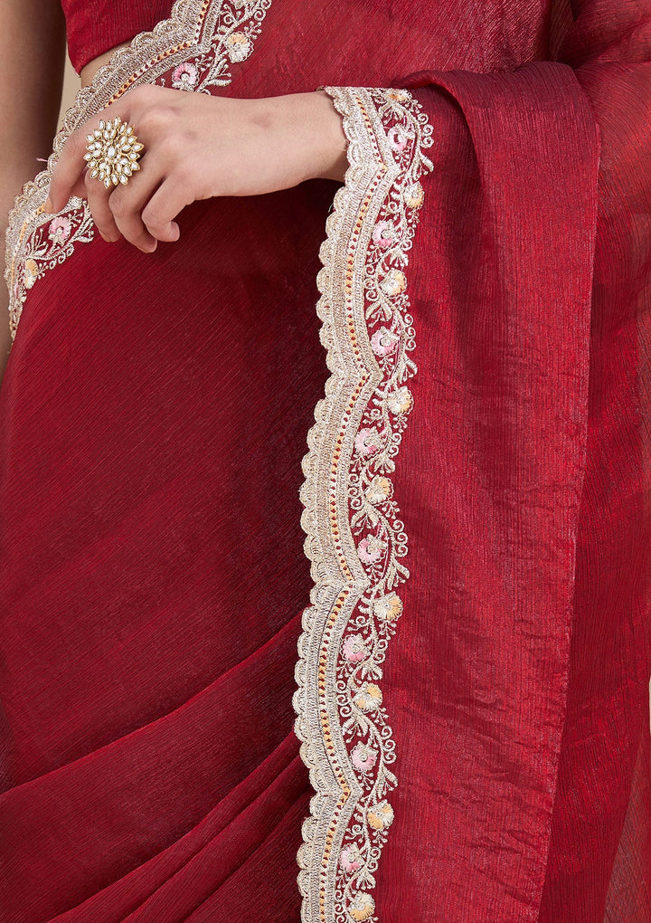 Maroon Zariwork (Gold) Tissue Saree_koskii