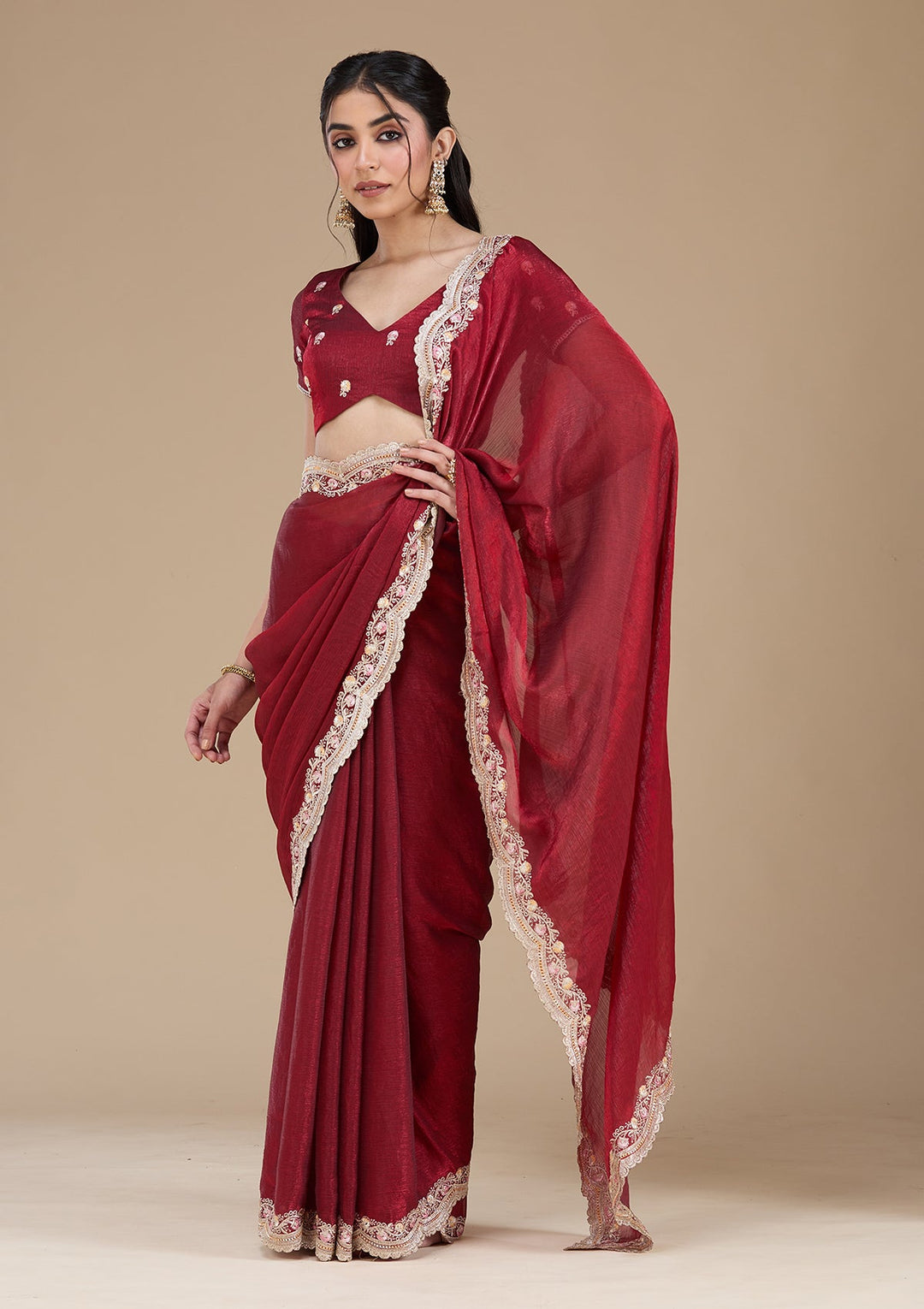 Maroon Zariwork (Gold) Tissue Saree_koskii