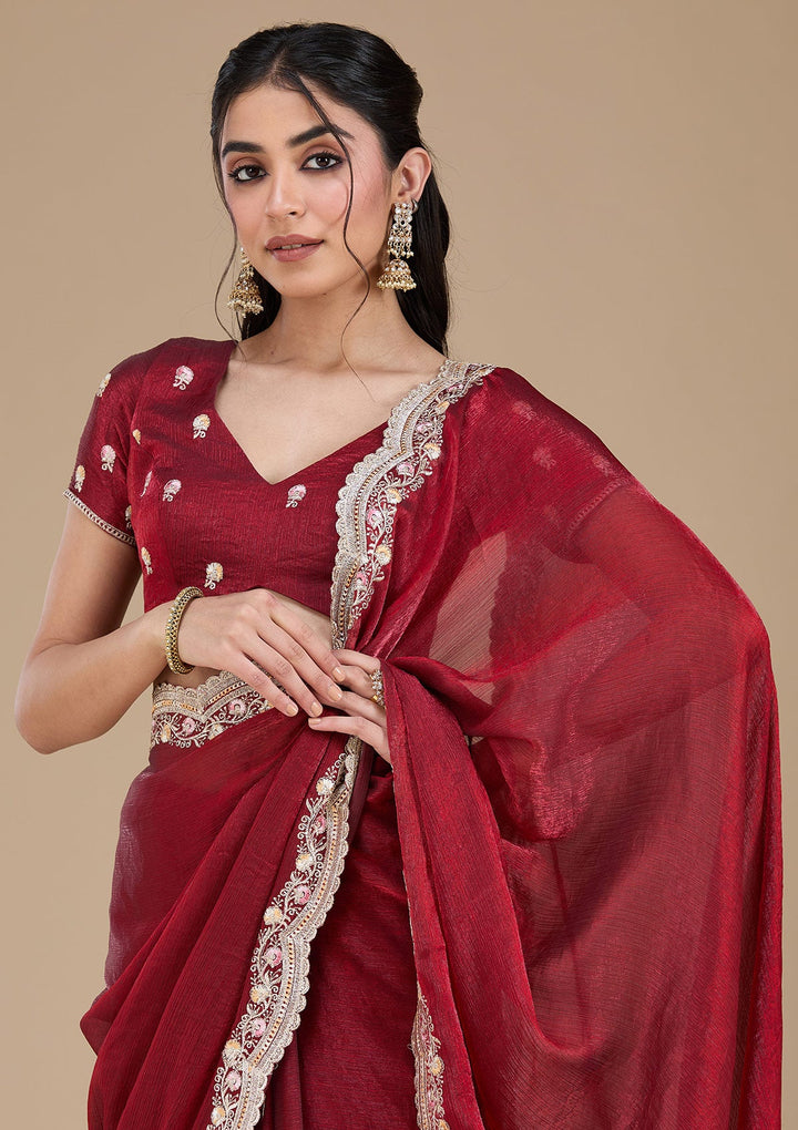 Maroon Zariwork (Gold) Tissue Saree_koskii